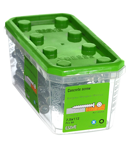Plastlåda med ESSVE betongskruv, grönt lock. Text: "Concrete screw 7,5x112 PCS 50".