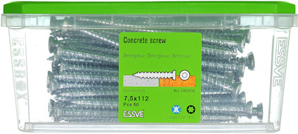 Plastlåda med betongskruvar, etikett visar "Concrete screw" och måtten 7,5x112. 50 stycken.