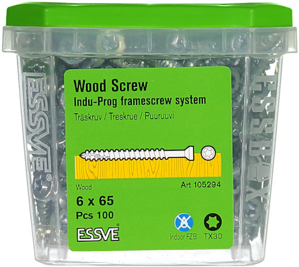Plastlåda med ESSVE träskruv, 6x65 mm, 100 st. Grön och transparent förpackning med produktinformation.