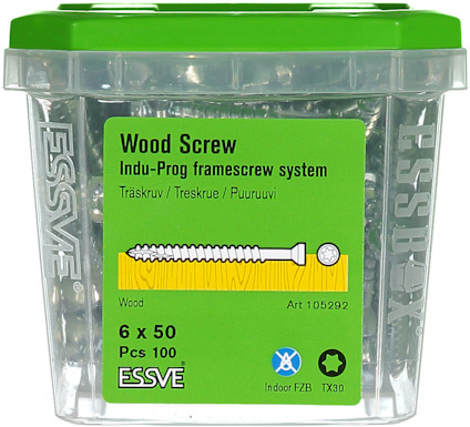 Skruvförpackning av märket ESSVE, grön etikett med text om trallskruv för trä. 100 stycken, storlek 6x50.