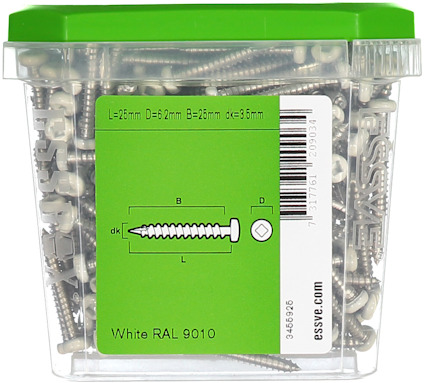 Plastförpackning med vita skruvar, etikett med dimensioner: L=26mm, D=6.2mm, B=26mm, dk=3.5mm, White RAL 9010.