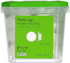 Transparent plastlåda med grönt lock innehållande vita plastlock, märkning: "Plastic cap Ø14/19 Pcs 200 White".