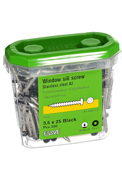 Plastburk med fönsterbleckskruv i rostfritt stål, 3,5 x 25 mm, 200 st, lock i grönt. Text på svenska, engelska och finska.