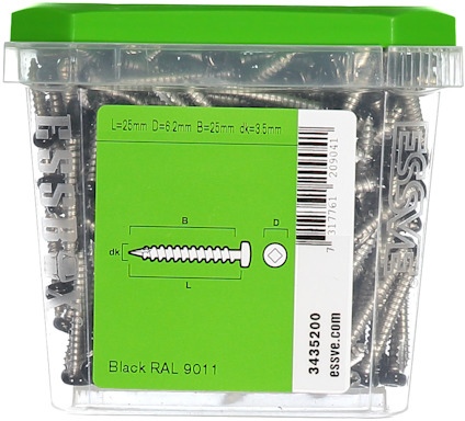 Plastburk med silverfärgade träskruvar och grön etikett med måttinformation; svart RAL 9011.