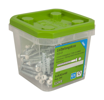 Plastlåda med grönt lock innehållande 100 listbetongskruvar, storlek 5,0(4)x40 mm.