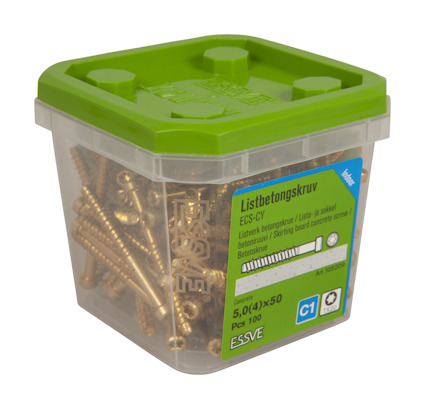 Burk med skruvar. Märkt: "Listbetongskruv ECS-CY 5,0(4)x50", 100 st. Märke: Essve, C1. Grönt lock.