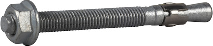 Expanderbult av metall med bricka och mutter, delvis gängad med slät ände och expanderfunktion på ena änden.