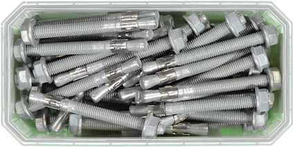 Låda med flera metallbultar med sexkantshuvuden och delade gängade ändar.