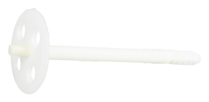 Vit isolerhållare med rund skiva och perforerad yta, designad för infästning i byggmaterial.