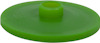 Grön, rund plastbricka med en upphöjd mittdel och präglad text.
