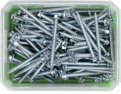 Skruvlåda fylld med silverfärgade trallskruvar med sexkantshuvuden.