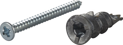 Metallskruv och gipsankare på grå bakgrund. Ankaret har en spiraldesign, skruven har en stjärnskruvskalle.