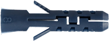 Mörkblå nylonplugg med slitsar och utstickande flänsar.