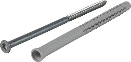 Metallskruv med försänkt huvud och plastplugg bredvid varandra.