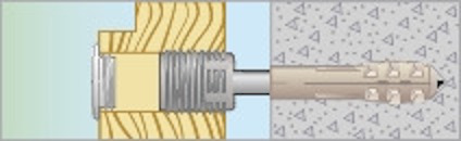 Illustration av en skruv och plugg som fäster en träpanel på en betongvägg.