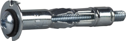 Metallisk expander för enkelgips med tillhörande skruv, delvis utfälld.