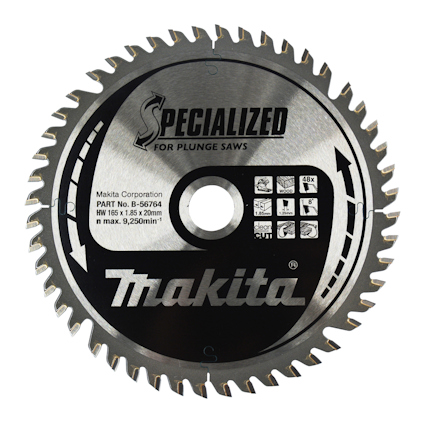 Rund sågklinga med tänder, text "SPECIALIZED for plunge saws" och "Makita", med tekniska symboler och specifikationer.