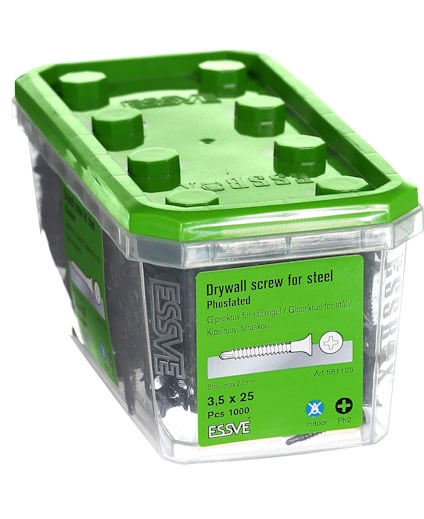 Plastbehållare med 1000 fosfaterade gipsskruvar 3,5 x 25 mm från ESSVE för inomhusbruk, skruvhuvud PH2.
