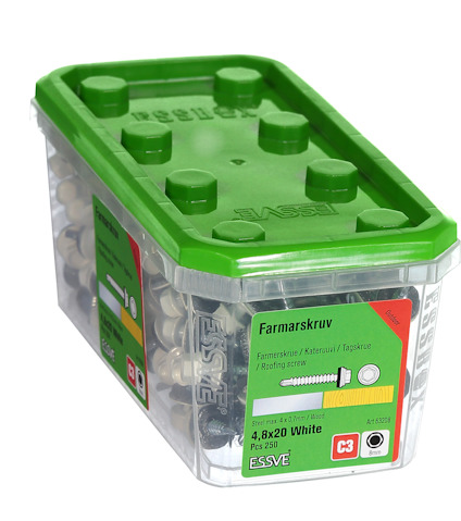 Plastlåda med Essve farmarskruv, 4,8x20 vit, 250 st, grön lock.
