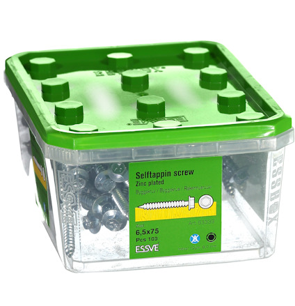Förpackning med självgängande skruvar, 6,5x75 mm, zinkbelagda, 100 stycken. Grön plastlock och klara sidor. Märke: ESSVE.