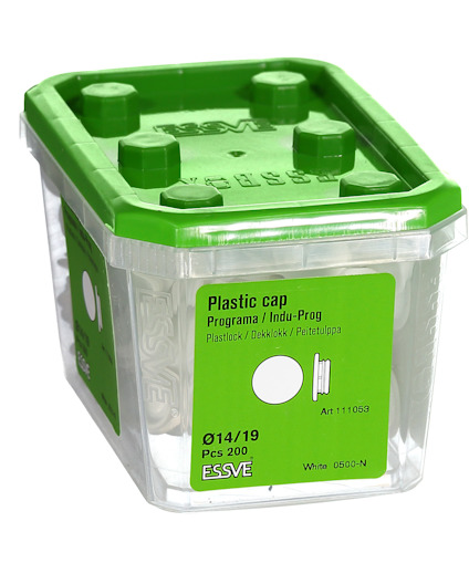 Grön plastburk med lock, märkt "Plastic Cap Ø14/19 PCS 200 White 0500-N" från ESSVE.