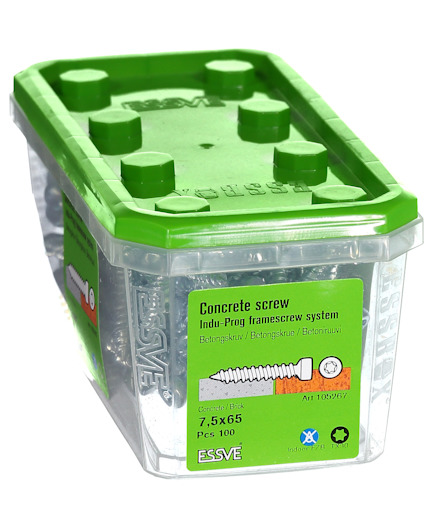 Förpackning med 100 betongskruvar, 7,5x65 mm, grönt lock.