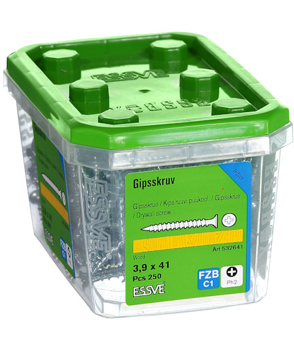 Plastbehållare med gipsskruv, 3,9 x 41 mm, 250 st. Märkt Essve, grön lock.