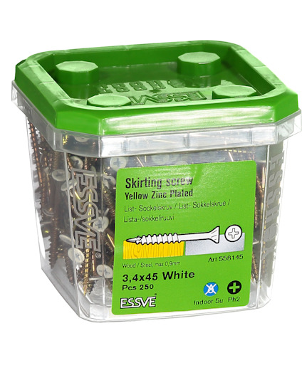 Förpackning med 250 gulpläterade sockelskruvar 3,4x45 mm, vit, från ESSVE.