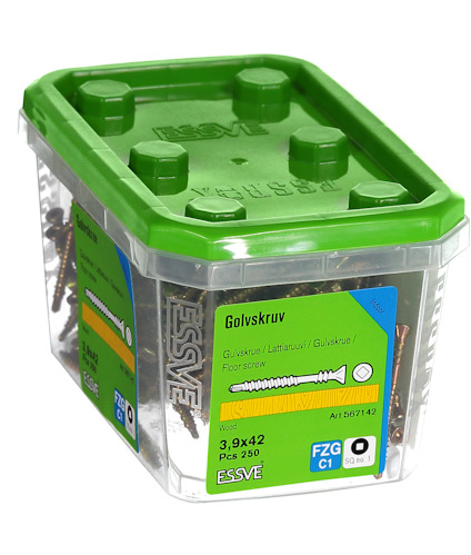 Plastförpackning med 250 golvskruvar, storlek 3,9x42 mm, märkt ESSVE. Grön lock och etikett med produktinformation.