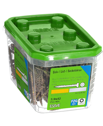 Plastlåda med grönt lock innehållande ESSVE skruvar, 3,9x42, FZG C1, 400 st.