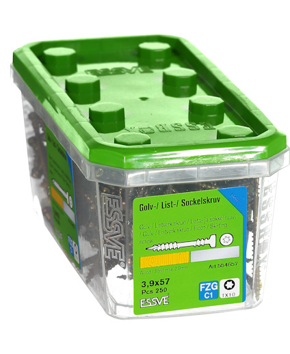 Plastlåda med Essve golv- och sockelskruv, 3,9x57 mm, 250 stycken.