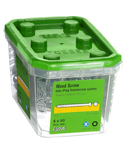 Skruvar i transparent plastbehållare med grönt lock, etiketttext: "Wood Screw Indu-Prog framescrew system".