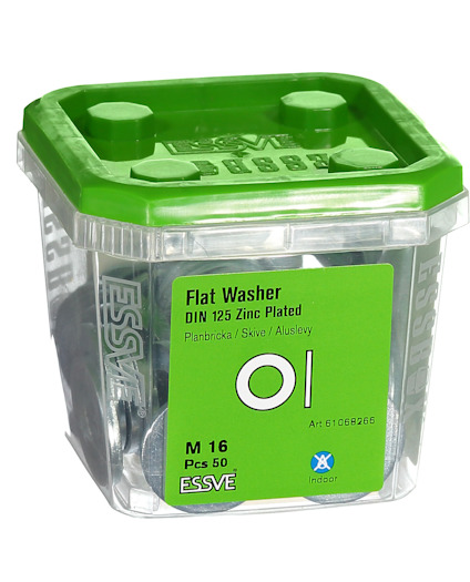 Plastlåda med grönt lock innehållande platta brickor, "Flat Washer DIN 125 Zinc Plated, M16, Pcs 50".