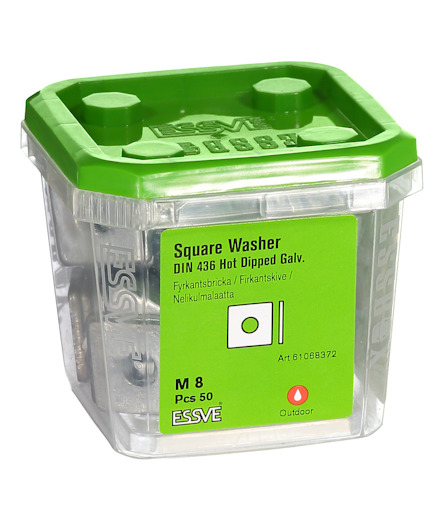 Förpackning med fyrkantiga brickor M8, 50 stycken, varmförzinkade, med grön lock och etikett med artikelnummer 61068972.