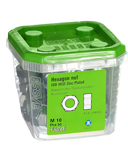 Förpackning med fyrkantiga muttrar, märkt ISO 4032. Gröna locket, märkt "ESSVE" och "M 10, Pcs 50".
