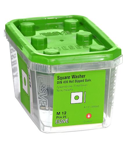 Transparent behållare med grönt lock, innehållande fyrkantiga brickor M12, 25 st, DIN 436, varmförzinkade. Märkt ESSVE.