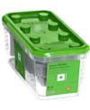 Transparent plastlåda med grönt lock märkt "Square Washer DIN 436 Hot Dipped Galv. M 20 Pcs 25".