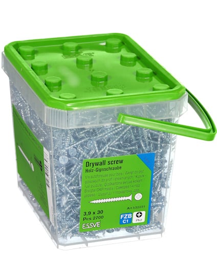Behållare med grönt lock och skruvar inuti. Etikett: "Drywall screw, 3.9 x 30, 2700 pcs, Art 92231".