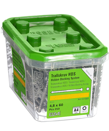 Plastförpackning med grönt lock innehållande 250 trallskruvar, 4,8 x 60 mm, från ESSVE Hidden Decking System.