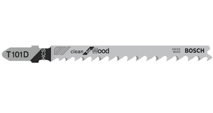 Sticksågblad märkt "T101D", "clean for Wood", "HCS", "Swiss Made", "Bosch".