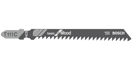 Tigersågblad med text: "T 111 C, basic for wood, Bosch, Swiss made".