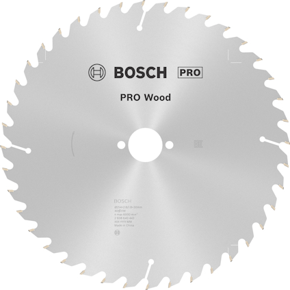 Cirkelsågklinga med text "Bosch PRO Wood" och tekniska specifikationer som diameter och tillverkningsland.