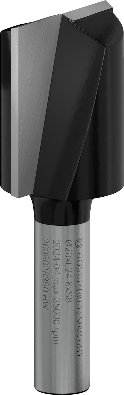 Metallisk fräs med grå och svart finish, cylindrisk axel och snedställda skärblad. Text på axeln: "Ø20x12/45S-8 2698638091W".