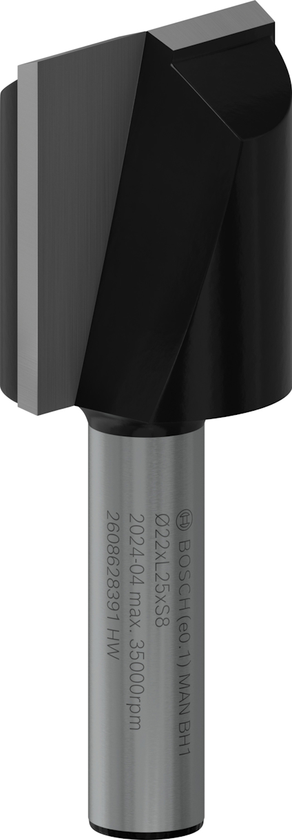 Fräsverktyg med grått skaft och svart skärhuvud, Bosch-märke och specifikationer på skaftet.
