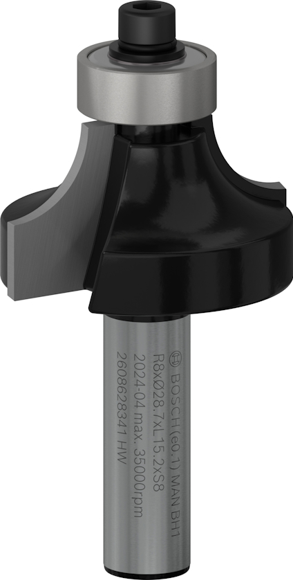 Frässtål med lager i svart och metalliskt silver, text på skaftet med Bosch-logotyp och specifikationer.