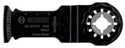 Multiverktygsblad från Bosch, modell AIZ 32 EPC, HCS, för träbearbetning. Text: "CURVED-TEC", "Swiss Made".