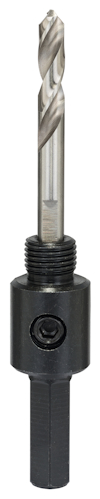 Borradapter med ett monterat spiralborr, svart fäste och hexagonal bas.