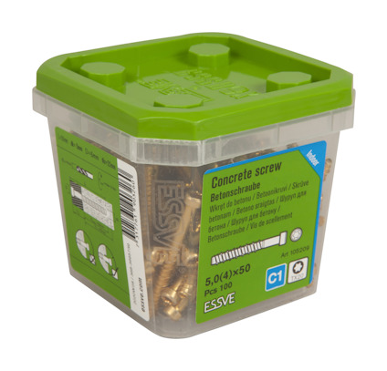 Plastförpackning med grönt lock innehållande betongskruv, 5,0(4)×50, 100 st. Märkt ESSVE.