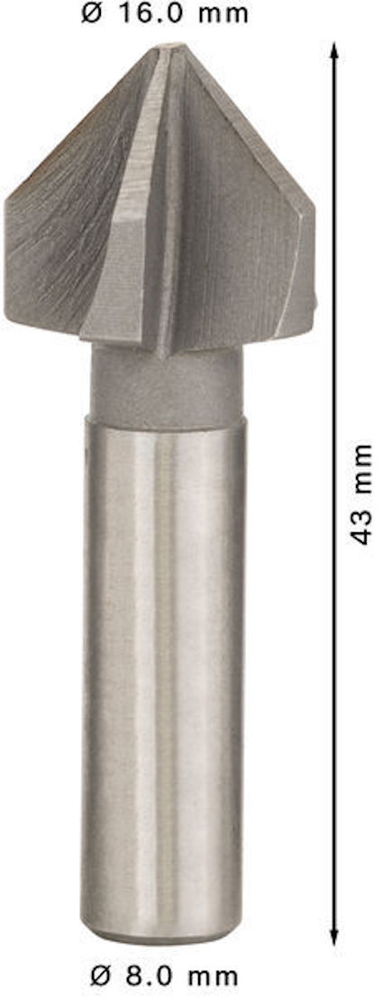 Metallkonisk försänkare med dimensioner: diameter 16 mm, höjd 43 mm, basdiameter 8 mm.