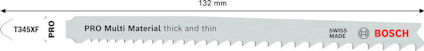 Sågblad med text "PRO Multi Material thick and thin", 132 mm, Bosch, Swiss made, T345XF.